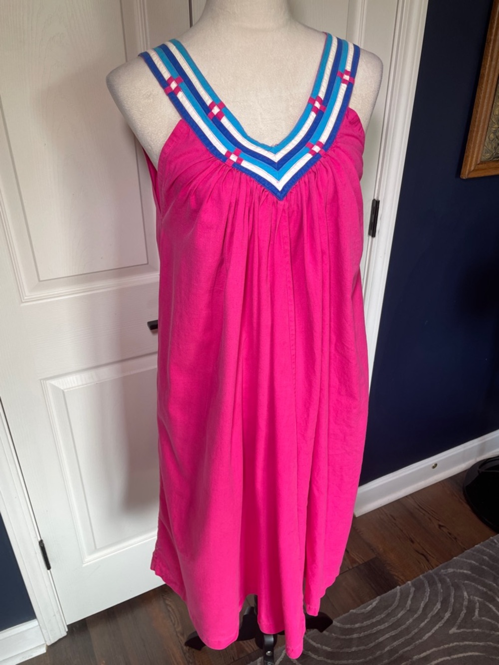 Vintage Unbranded Bright‎ Pink V-Neck Midi Dress Blue-Trim Straps Indian Cotton